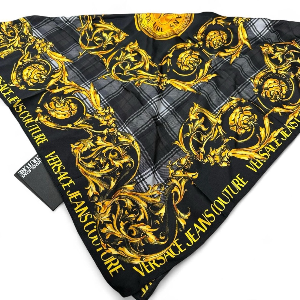 Versace Black and Gold Baroque Plaid Silk Scarf